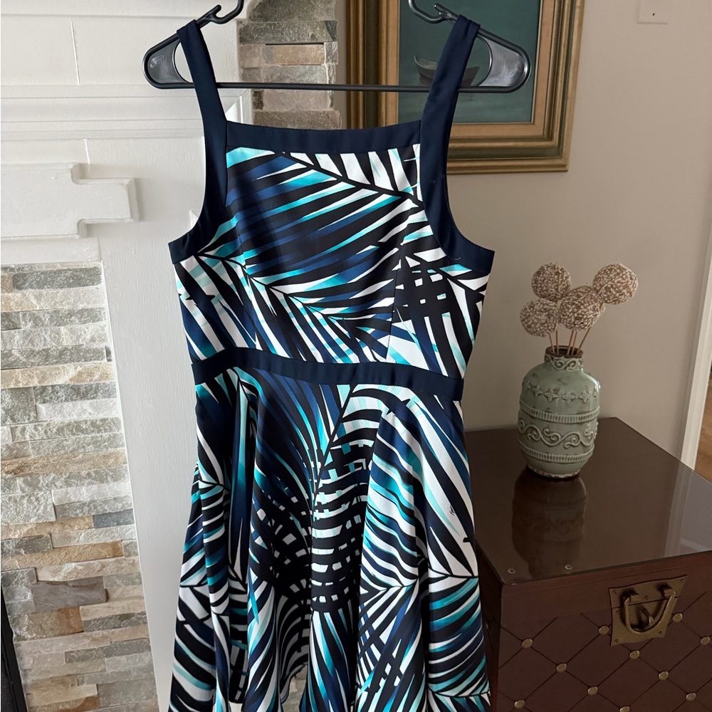 Adorable Trina Turk Teal, Black, and White Striped Dress. Size 4. Excellent